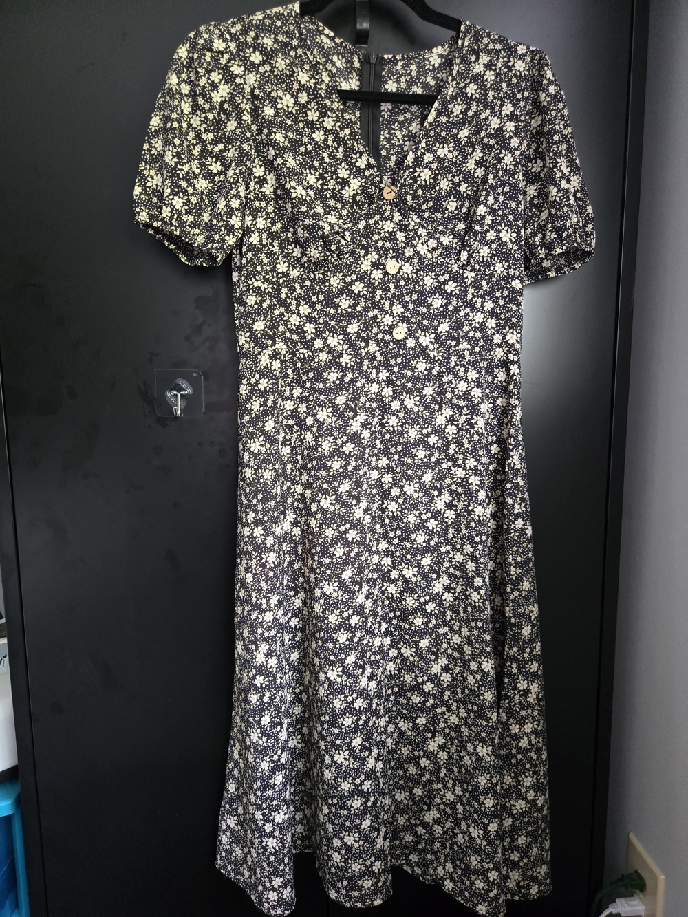 Black Floral Button-Front Midi Dress